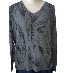 Enti Womens 3/4 Dolman Sleeves Charcoal & Black Feather Print Made USA Medium